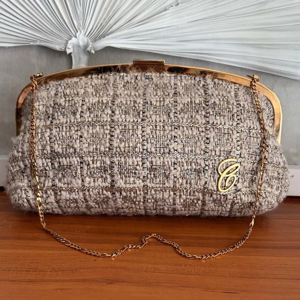 Chloe Vintage Tweed Clutch with Gold Accents